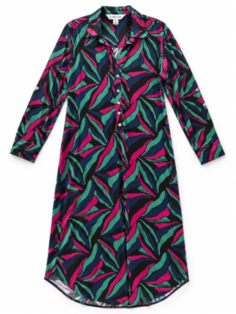 La Mer Luxe Maxi Shirt Dress Medium Abstract Print Pink Green Navy Stretch